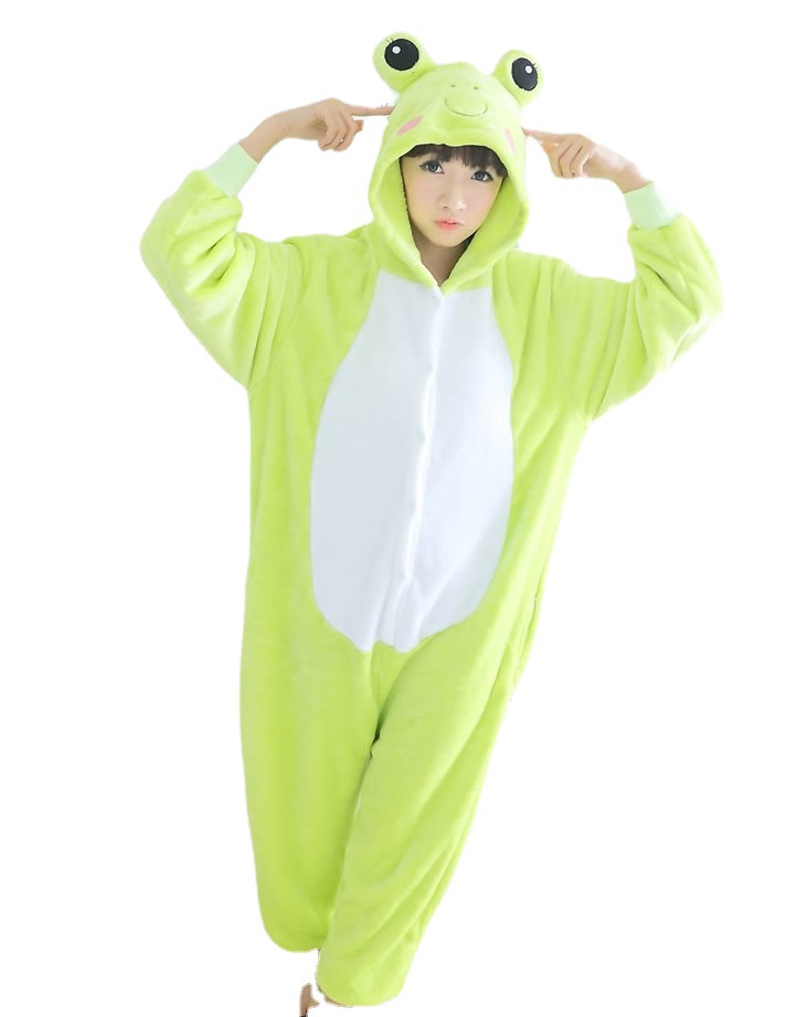 批发秋冬可爱卡通动物绿青蛙连体睡衣法兰绒男女长袖情侣家居服