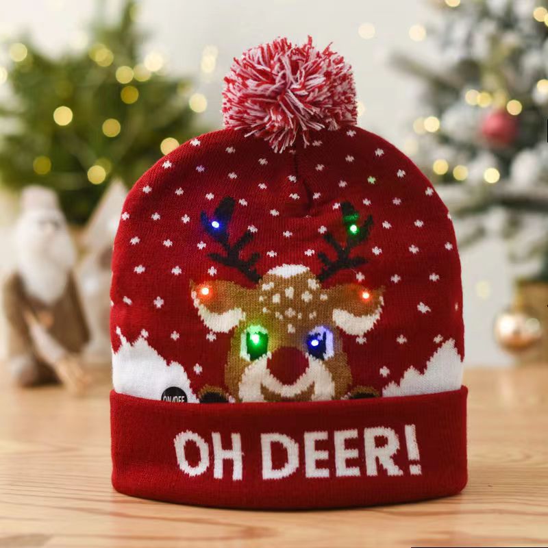 Cross-Border Autumn and Winter Fashion Christmas LED Lights Knitted Hat Colored Lights Party Warm Adult with Ball Hat Wholesale