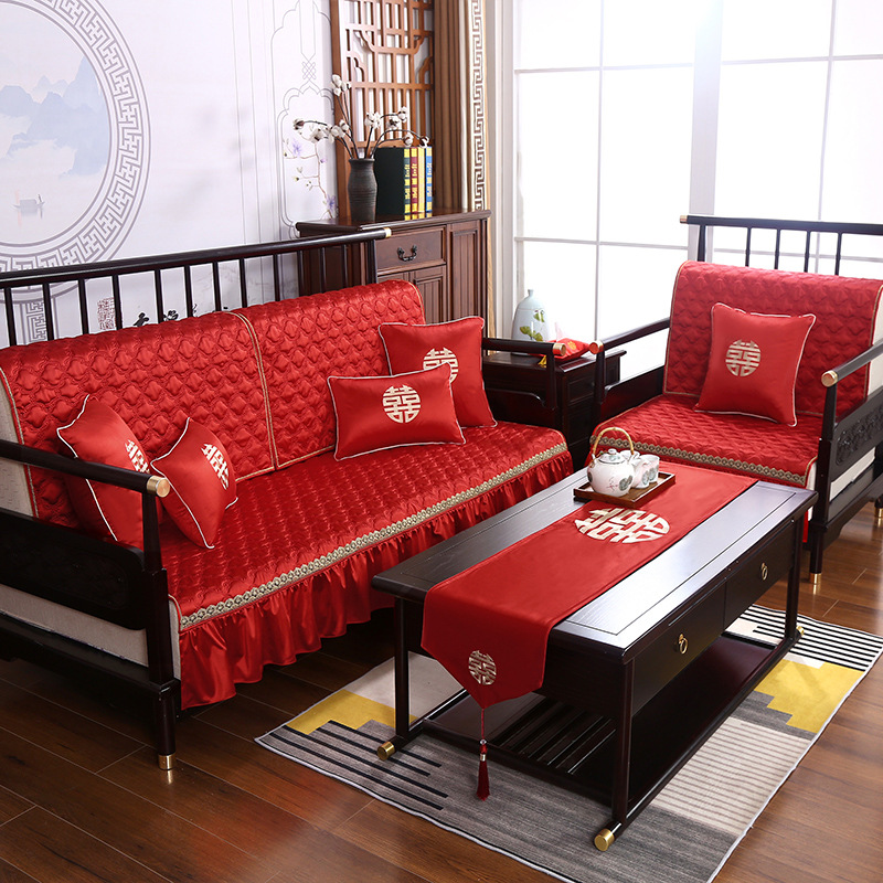中式婚礼装饰客厅沙发垫盖巾大红色喜字婚庆结婚用抱枕桌旗多件套