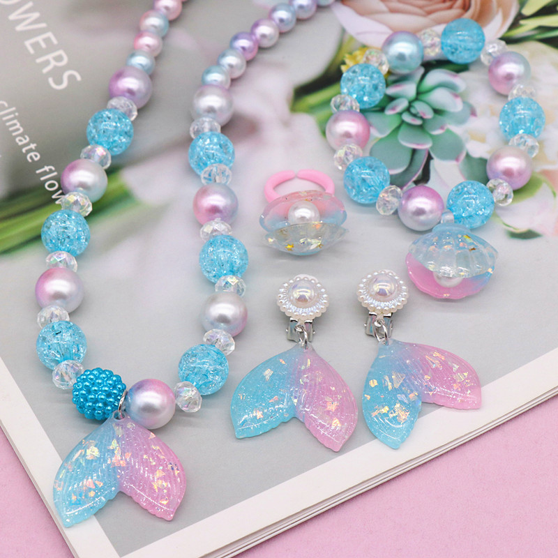 children‘s necklace ring earrings set shell mermaid tail necklace children‘s jewelry wholesale girls necklace ornament