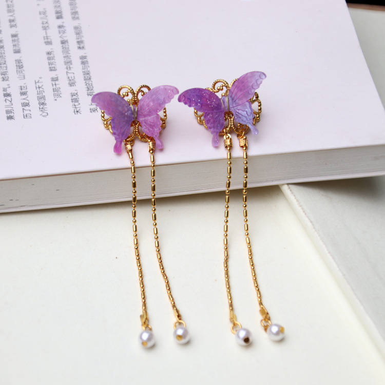 发扣明制夹子汉服头饰古风配饰束发小发扣马尾发环紫色蝴蝶长流苏