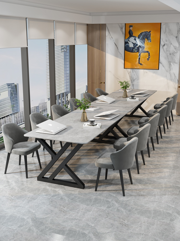 灰色大理石岩板会议桌长方桌极简家用条形工作台接待洽谈桌椅组合