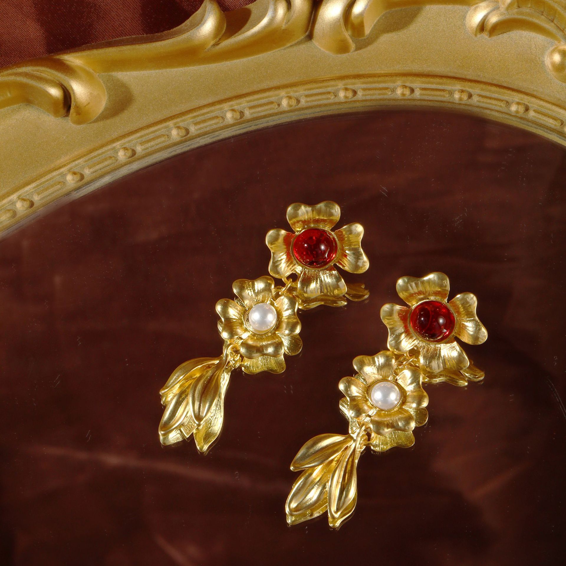 新品欧美复古耳饰中古风法式红宝石珍珠耳环轻奢宫廷花朵花瓣耳钉