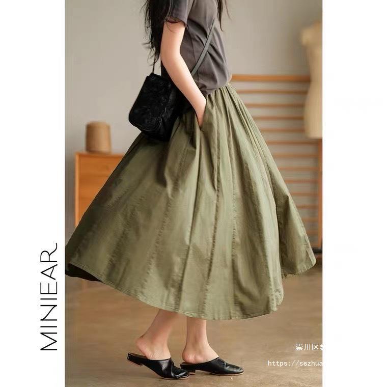 韩版棉质半身裙春夏季新款纯色松紧腰裙子柔软显瘦透气凉爽中裙女