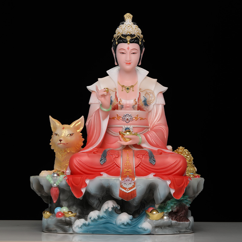 汉白玉彩绘九尾狐像九姑娘单尾非九尾青丘女帝君神像供奉家用摆件