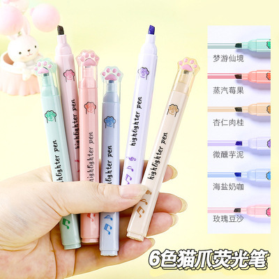 Cat's Paw Fluorescent Pen Large Capacity Wholesale Student Textbook Key Mark Cute Stationery Girl Heart Notebook Marking Pen