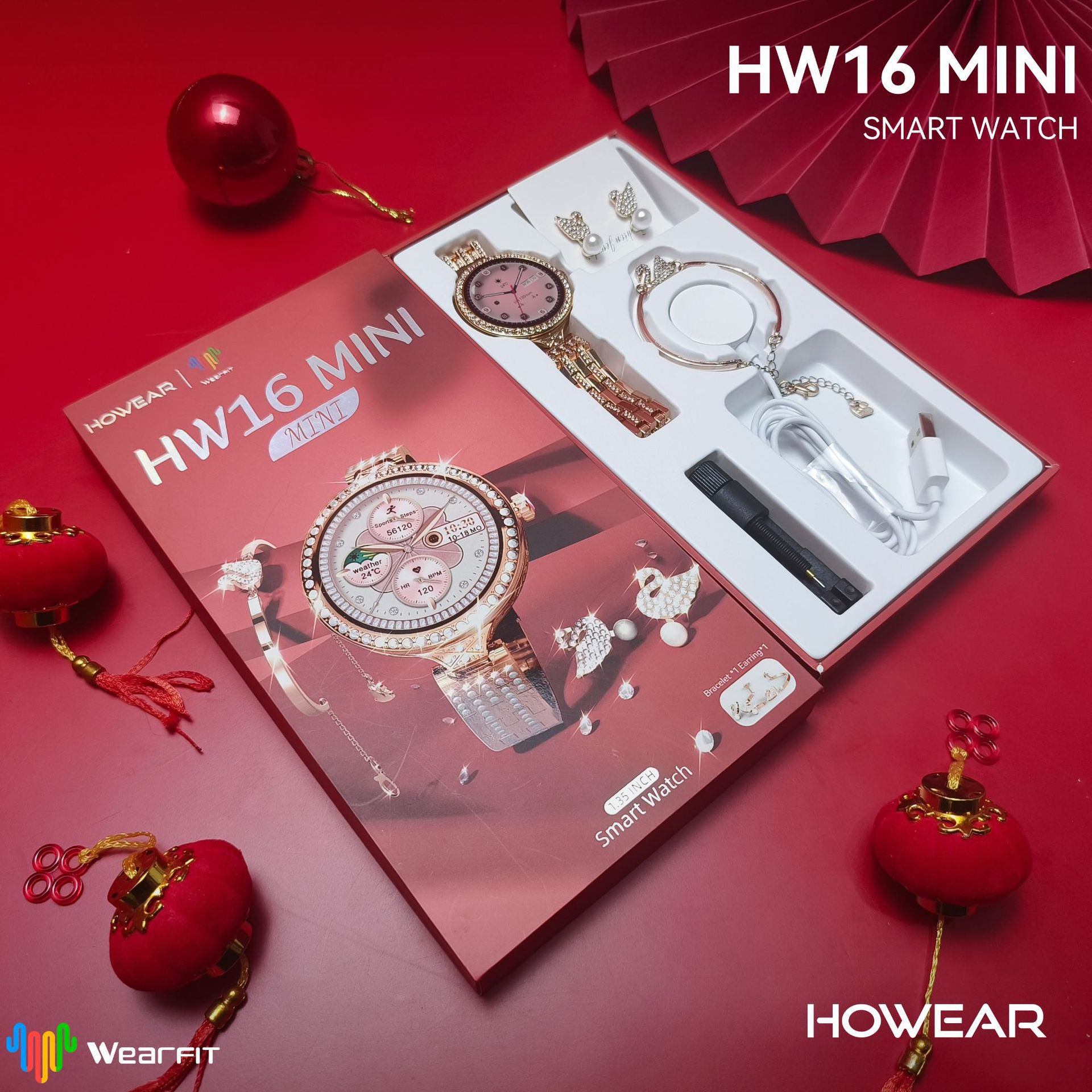 跨境外贸新款hw16mini女士手表礼盒套装蓝牙智能镶钻施华洛世奇
