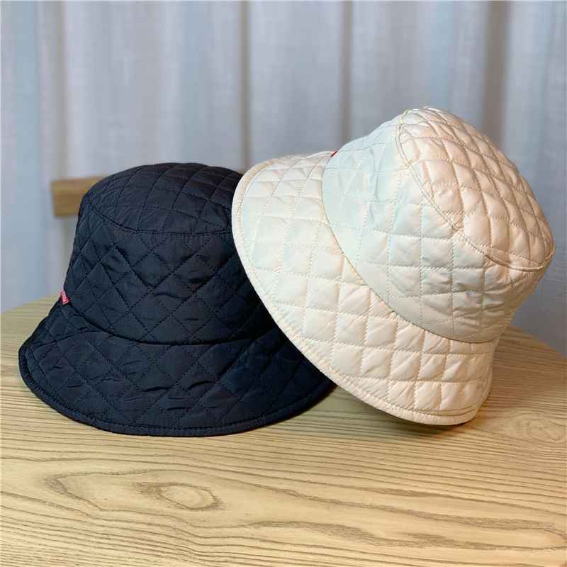 ultra-light down cotton rhombus bucket hat men‘s and women‘s same autumn and winter warm korean style fashion bucket hat net red face small