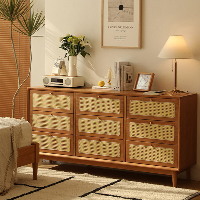 北欧实木九斗柜家用卧室藤编杂物抽屉收纳柜民宿简约多功能装饰柜
