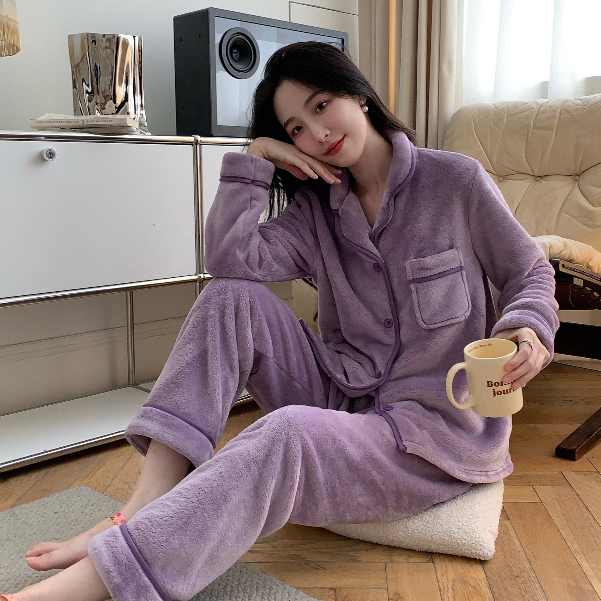 2023年秋冬情侣新款女士珊瑚绒长袖长裤睡衣家居服一件代发-阿里巴巴