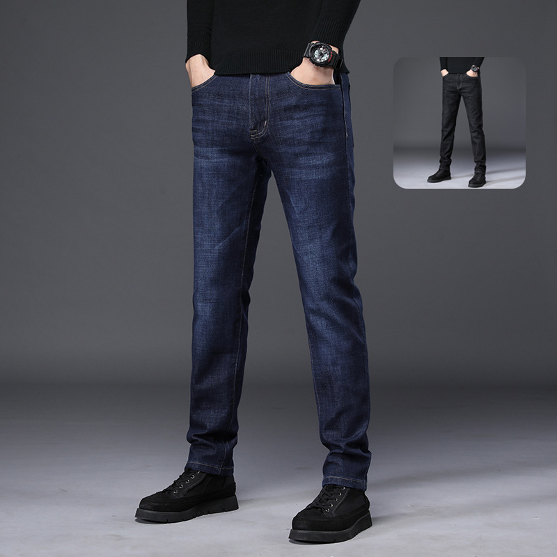 Foreign Trade Men's Pants Spring and Autumn Jeans Cotton Stretch Straight Slim Fit Denim Trousers Light Business Casual Mid-Waist Men's Pants