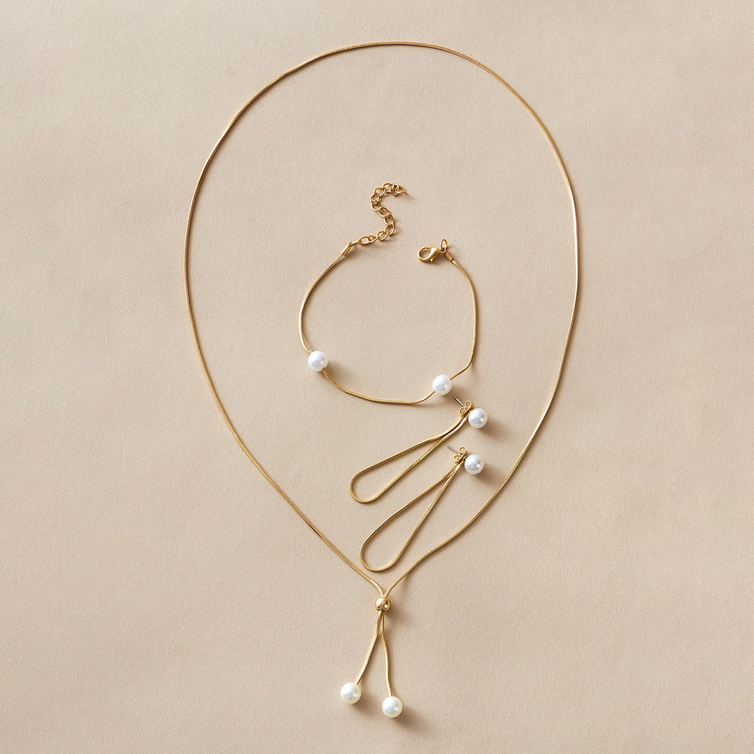 简约时尚冷淡风合金套装 珍珠耳环项链手链三件套配饰