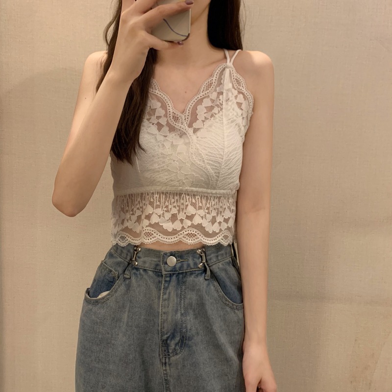 白色蕾丝美背小背心女春纯欲性感无袖外穿内搭打底带胸垫吊带上衣