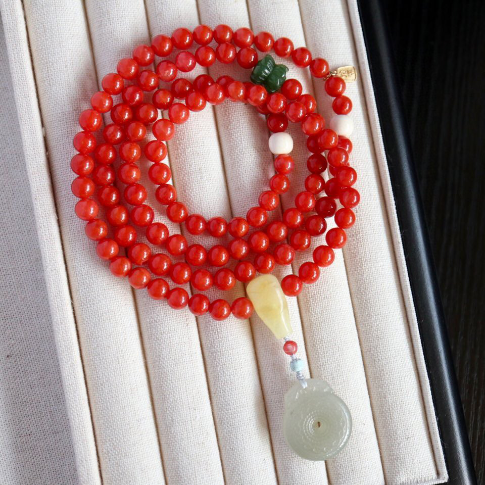 天然川料南红108颗手链项链两用款本满色满肉柿子红南红四圈手串