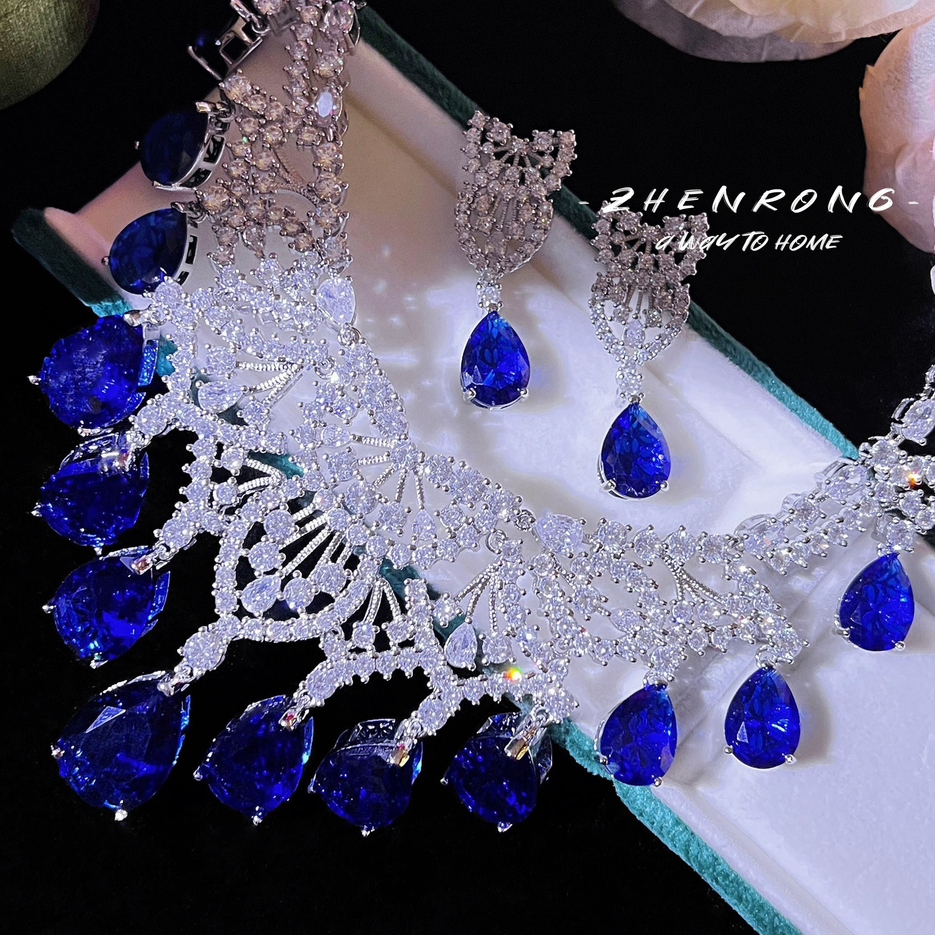 hw大牌同款重工奢华满钻水滴皇家蓝项链新娘套装晚礼服配饰耳钉女