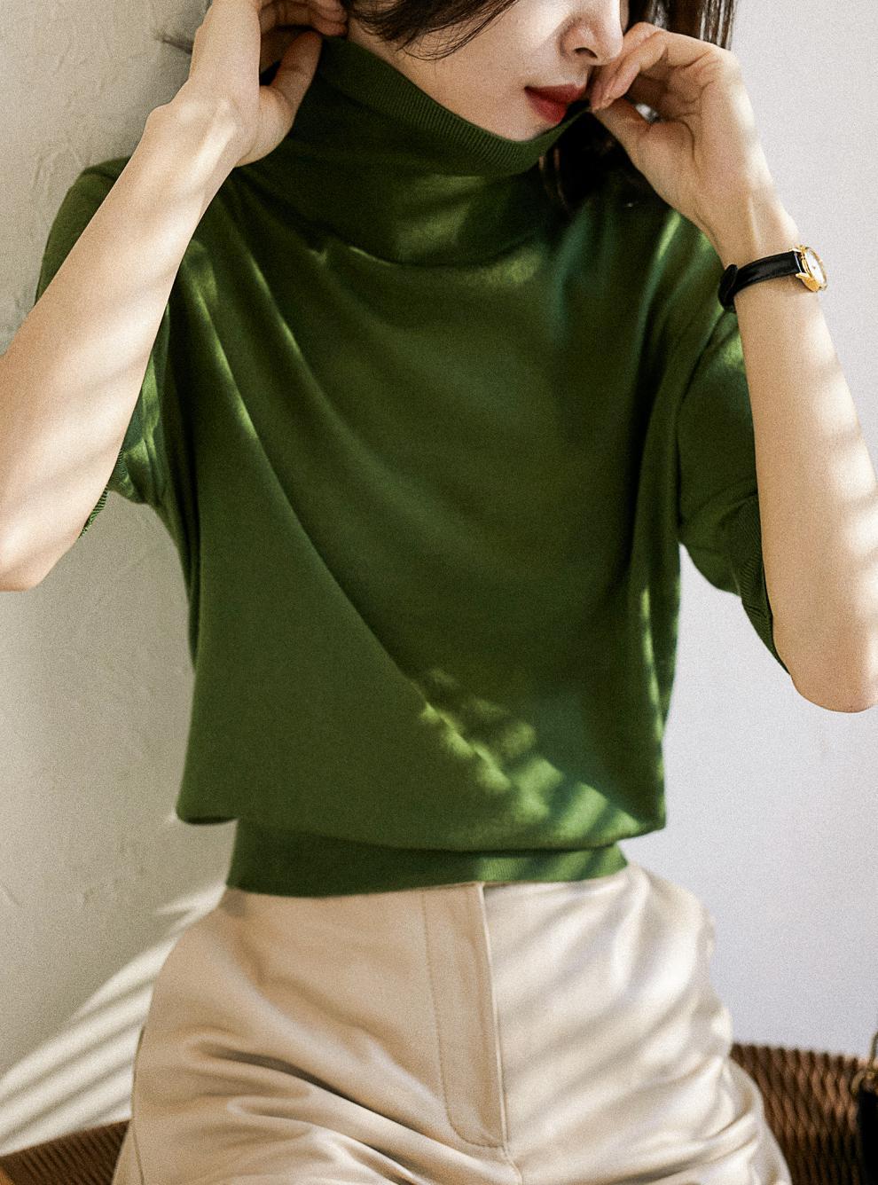 2023春秋新款慵懒风高领打底衫女薄款上衣洋气五分袖