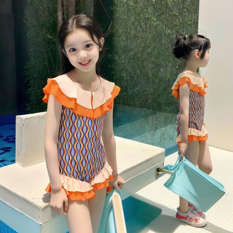 女童2024夏季荷叶边泳衣时髦连体式女孩泳装网红条纹大童三角衣服