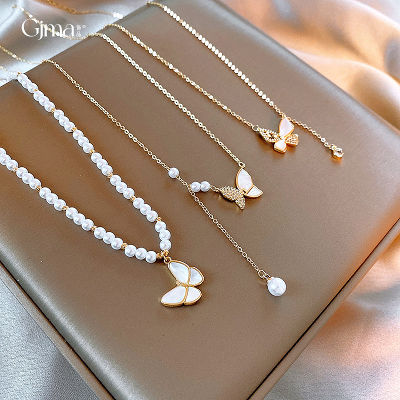 Real Gold Electroplated Zircon Fritillary Butterfly Pearl Necklace French Retro Clavicle Chain Elegant Light Luxury High-Grade Necklace