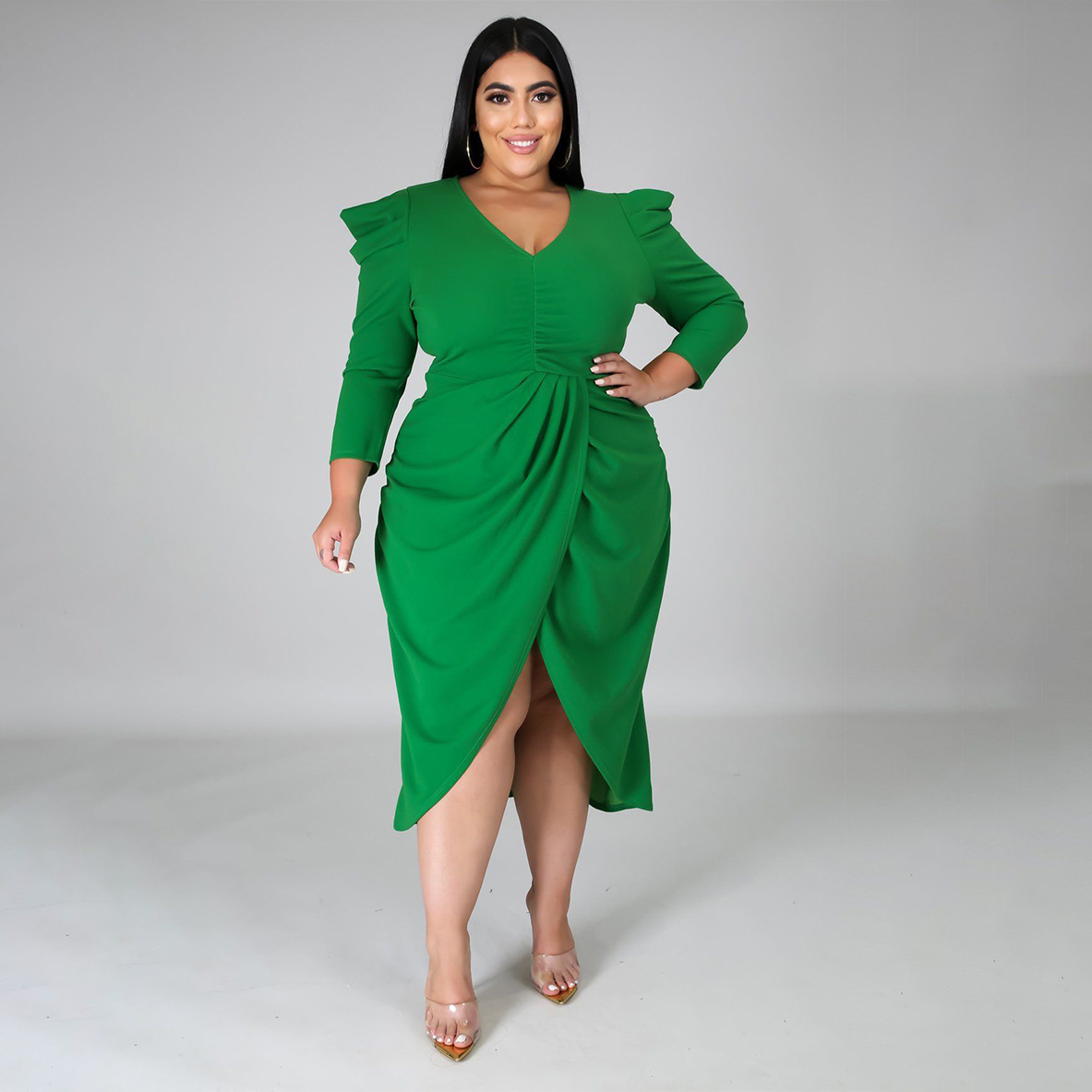 亚马逊独立站爆款 欧美大码连衣裙v领不规则裙长袖纯色开叉肥婆裙