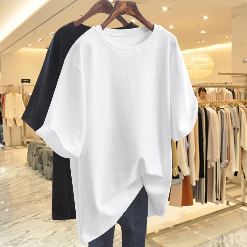 White Loose-Fitting Pure Cotton Short Sleeves plus Size T-shirt Women's Long 2023 Summer New Solid Color Casual Top Bottoming Shirt