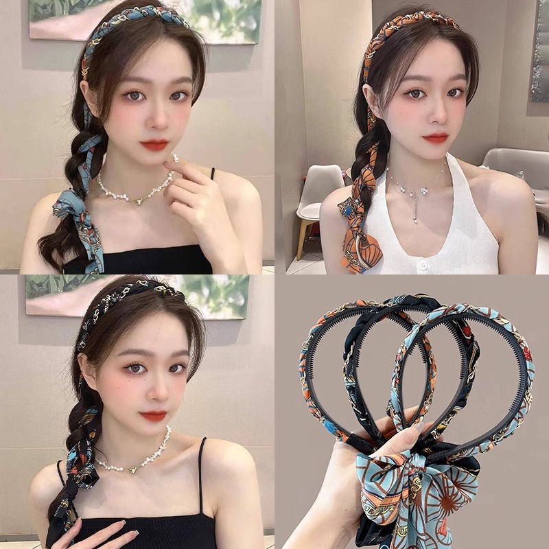 复古链条编发发箍女头箍发带一体系带绑发丝巾夏季飘带发卡头饰