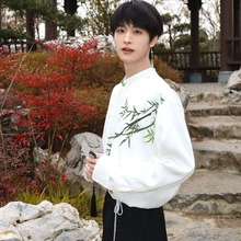 新中式男装轻国风上衣长袖男改良唐装对襟上衫高级感白色竹叶衬衫