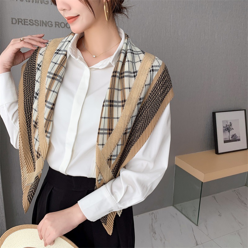 Autumn and Winter New All-Match Houndstooth Edge Pleated Scarf Women's Elegant Diamond Cotton 90 Outer Wear Large Kerchief