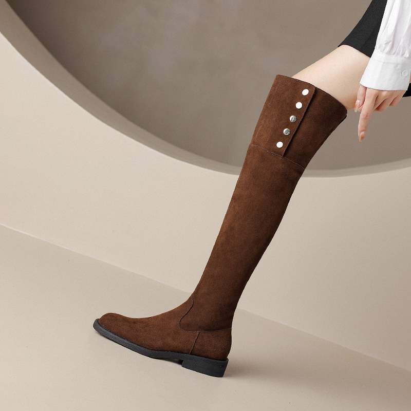 棕色复古平底靴子女长筒靴2023新款真皮过膝靴磨砂绒面秋冬季长靴