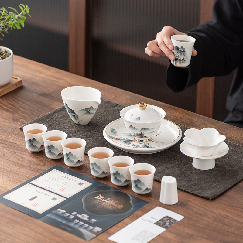 中国礼盒商务礼品批发盖碗茶杯江山如画复古茶具套装国潮-阿里巴巴