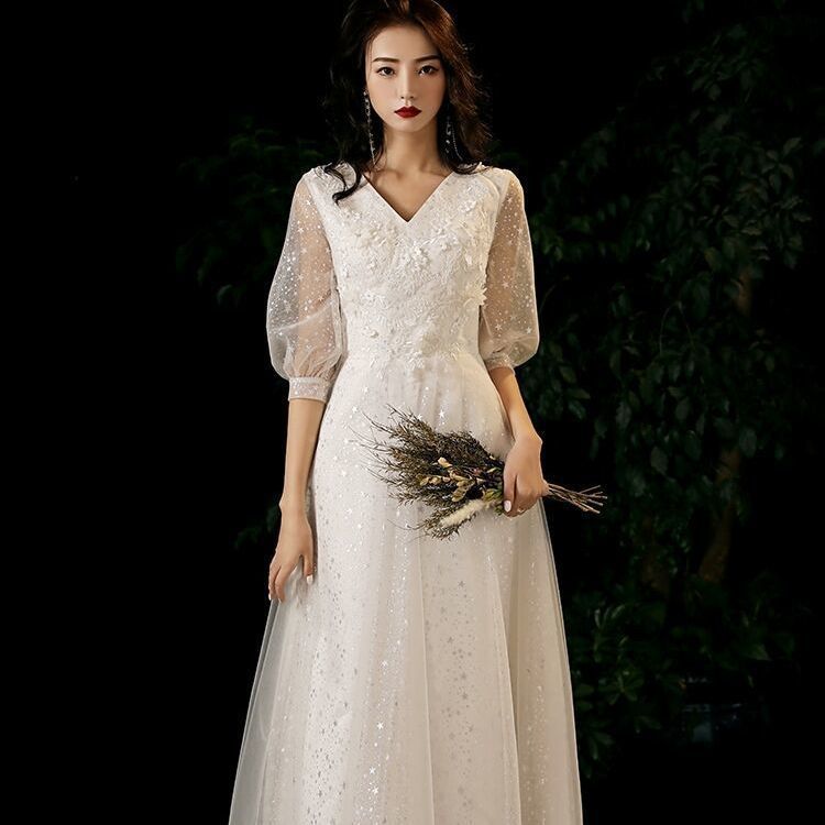 白色小晚礼服裙女新款气质宴会主持人长款新娘敬酒服轻婚纱