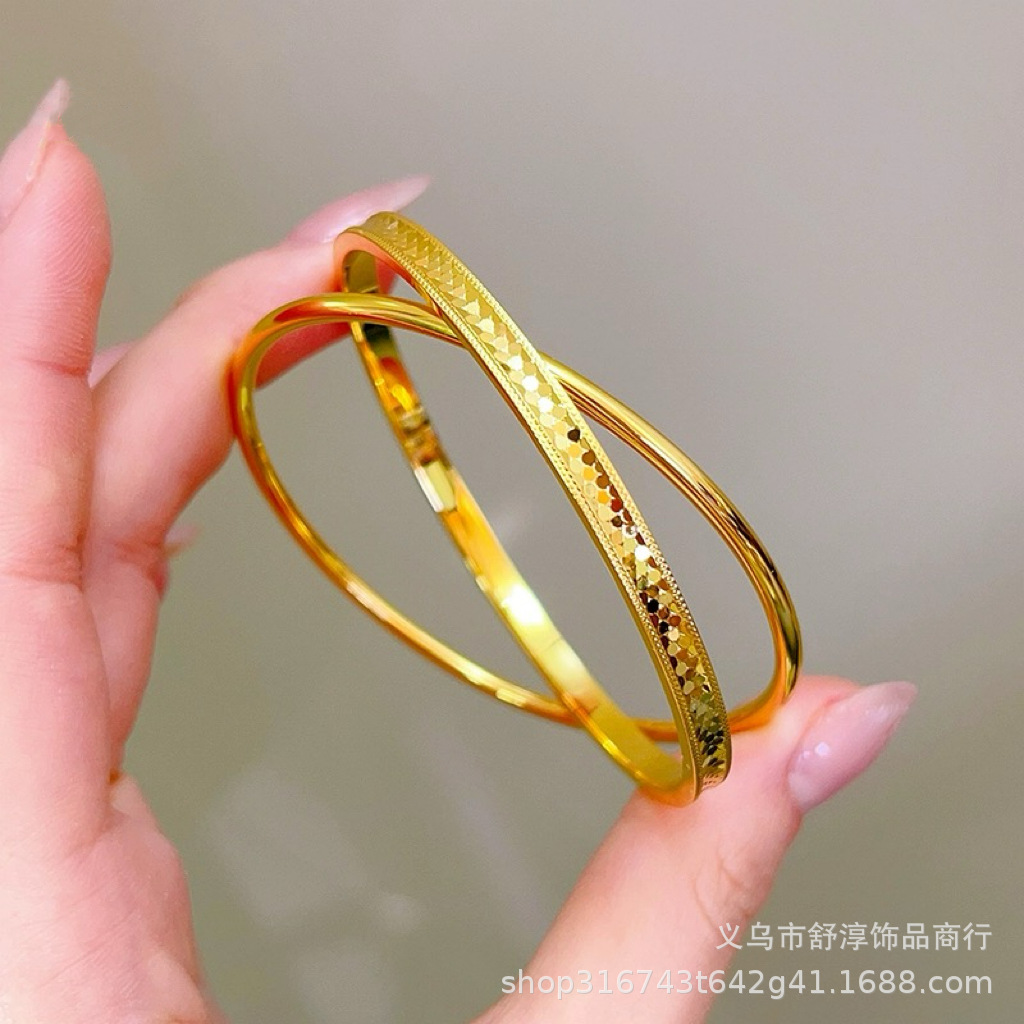 金店同款沙金999龙鳞双环手镯女黄铜镀金cnc高闪亮片时尚手镯批发