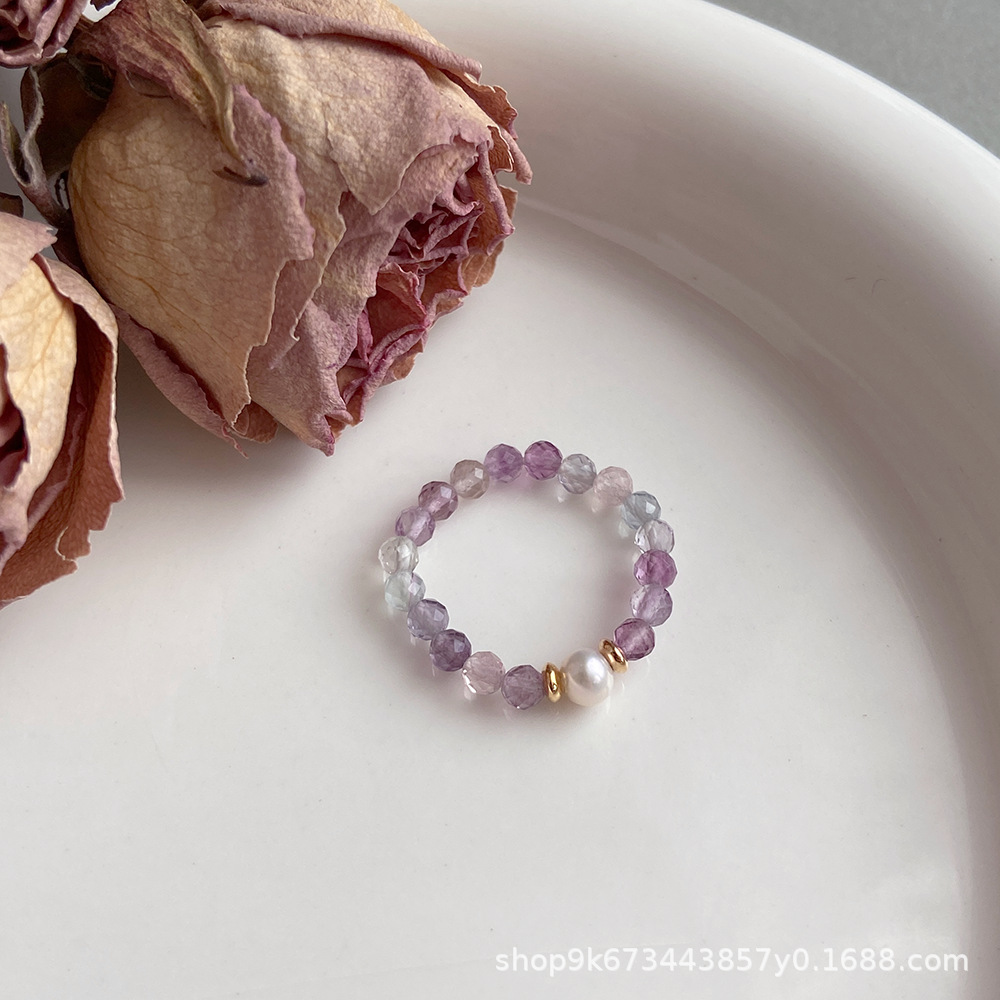 夏季小清新多巴胺珍珠萤石戒指女百搭渐变紫色小颗串珠弹力指环