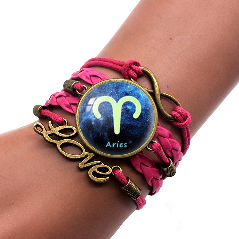 跨境12星座时光宝石皮手链手工编织多层复古组合手链工厂直销