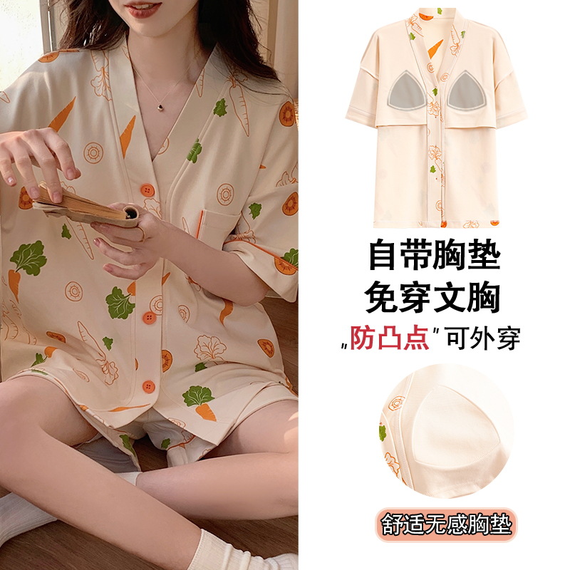 Internet Hot Cardigan Pajamas Women's Cotton Short Sleeve Short Belt Chest Pad Outerwear Homewear Suit 2024 Summer