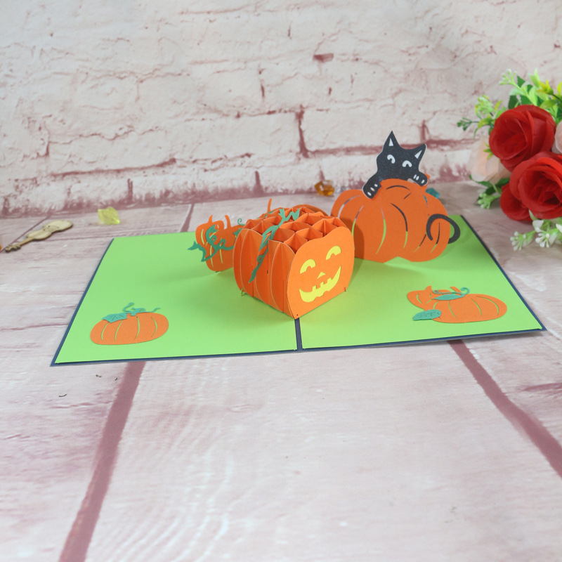 跨境新款3d万圣节南瓜贺卡外贸立体折叠万圣节南瓜剪纸贺卡邀请卡