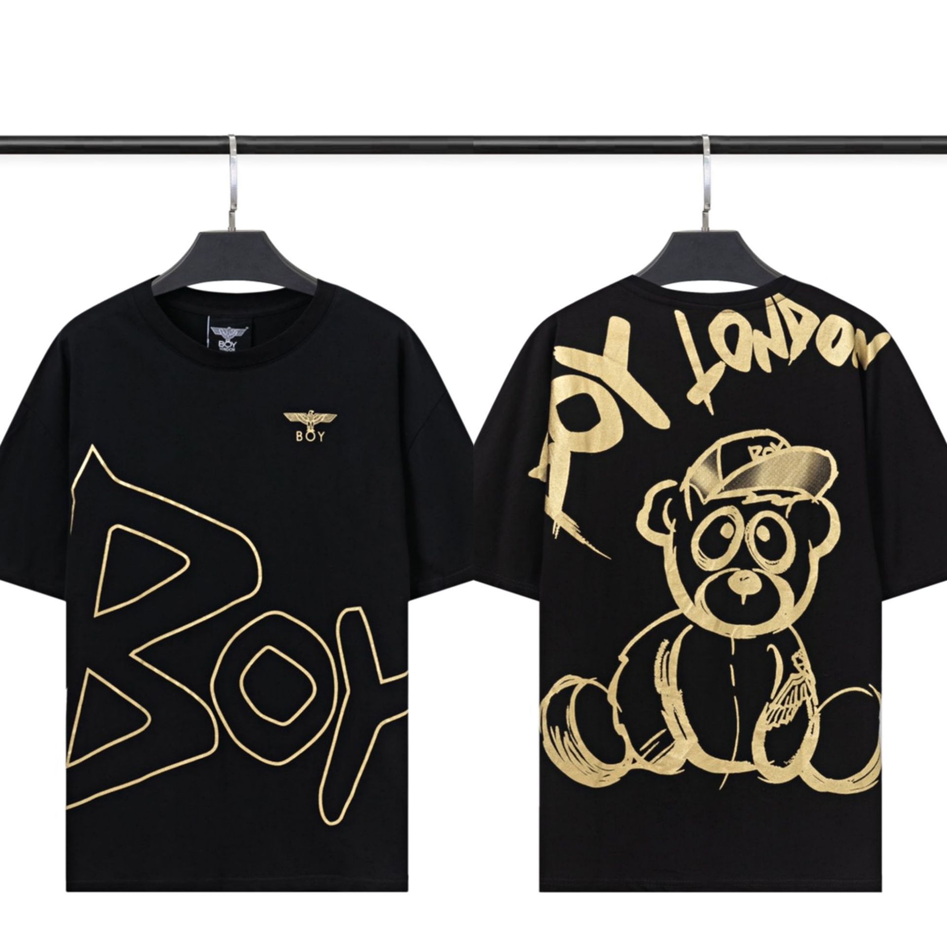 22嘻哈潮牌boy空洞大字母烫金嘟嘟小熊印花小老鹰圆领男女t恤学生