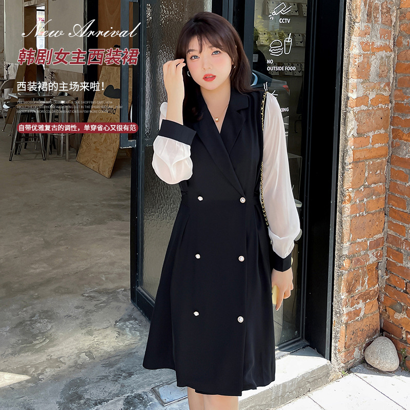 2021秋季新款大码女装200斤胖mm气质v领泡泡袖收腰西装裙330823