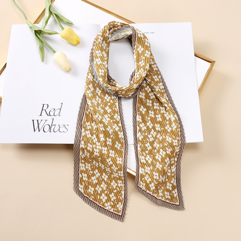 Spring 2022 Korean Style Crepe Ribbon Artificial Silk Scarf Floral Small Bevel Scarf Female Hair Band Arm Bag Scarf