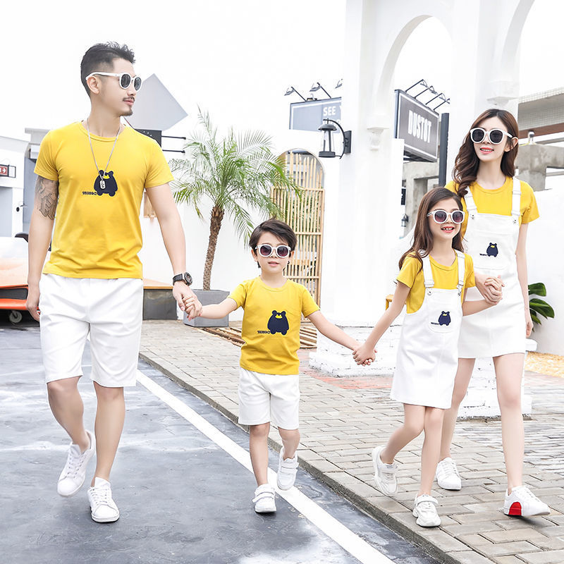 亲子装夏装新款一家三四口母子母女家庭装情侣装条纹短袖t恤套装