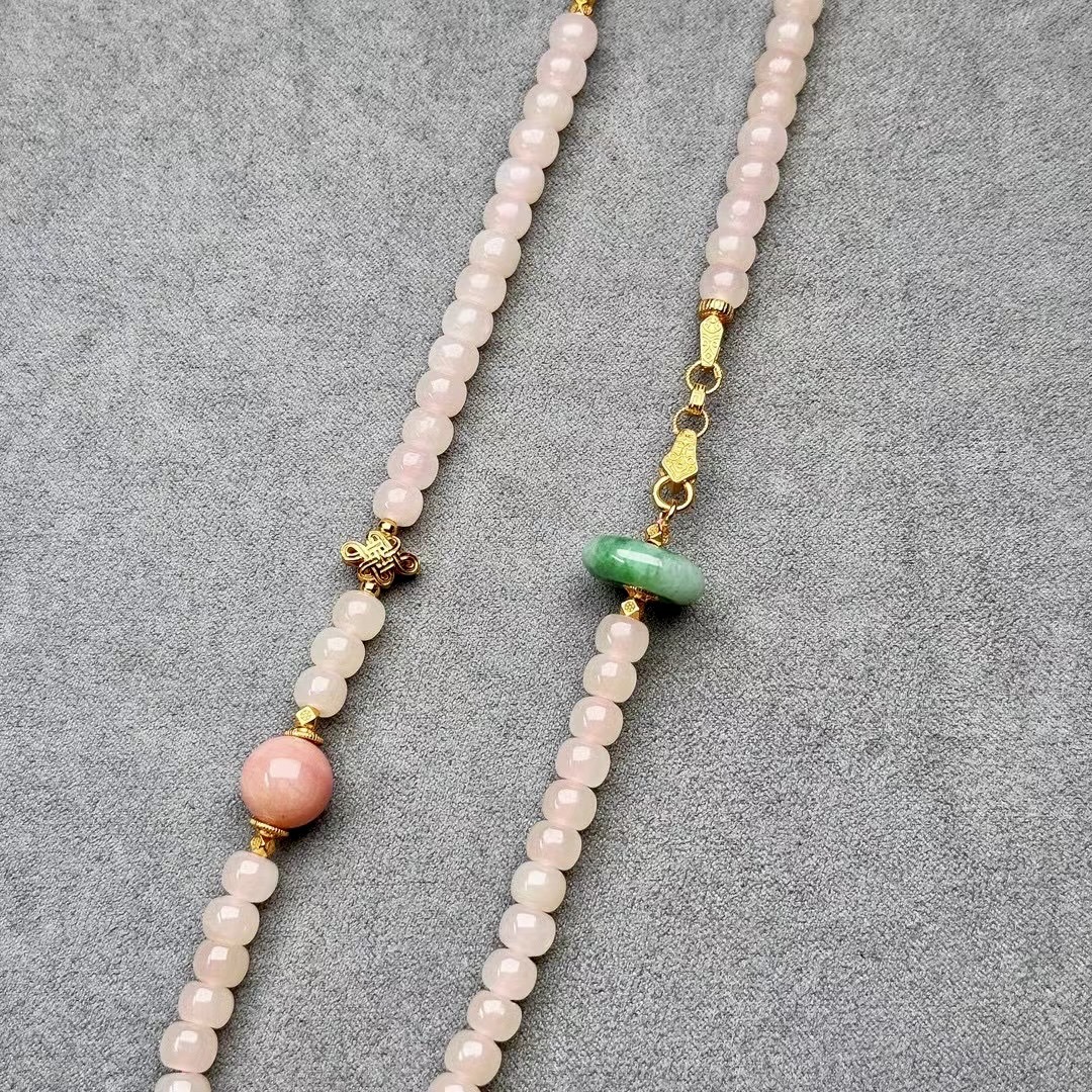 New Chinese Style Natural Lotus Root Starch Hetian Jade Necklace Old-Styled Bead Lotus Safety Lock Inlaid Silver Powder Opal Jade Sweater Chain