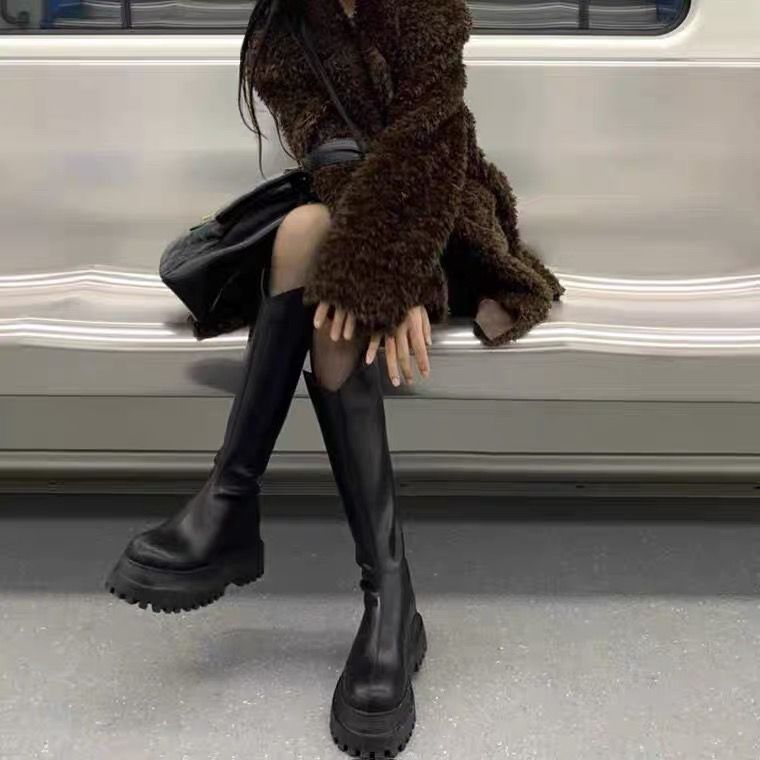 骑士靴子女秋款2022冬季新款长筒靴黑色厚底皮靴高筒弹力瘦瘦靴潮