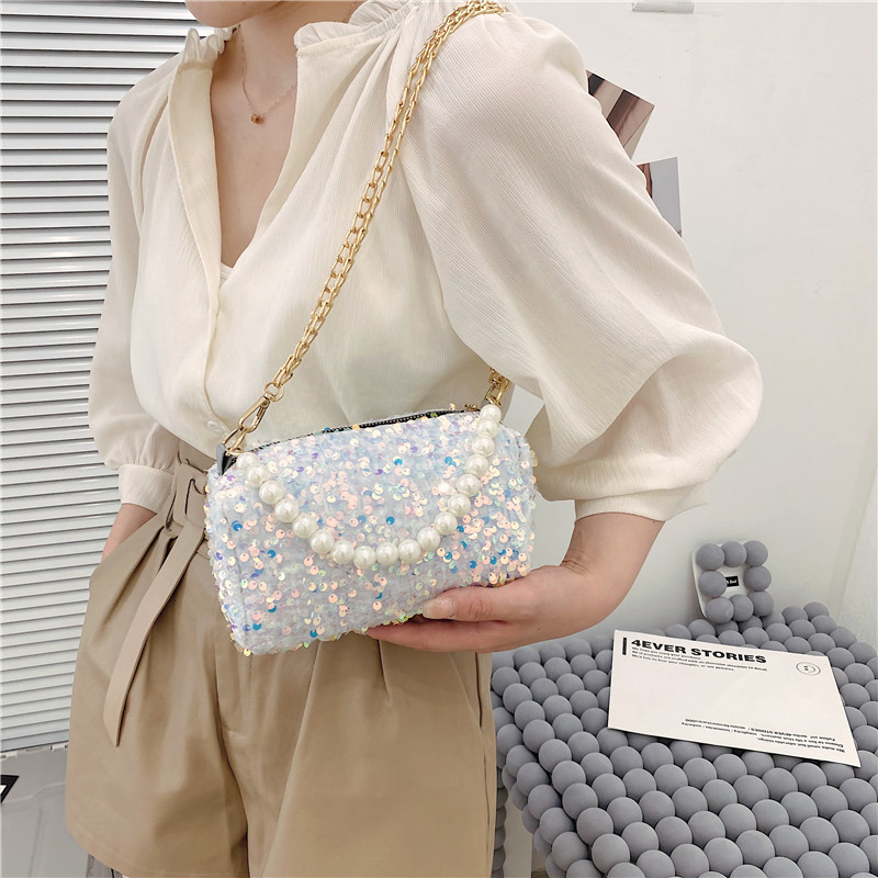 Sequin Bag Women's Summer 2021 New Fashion Pearl Chain Accessory Bag Gentle Small Square Bag Women's Messenger Bag