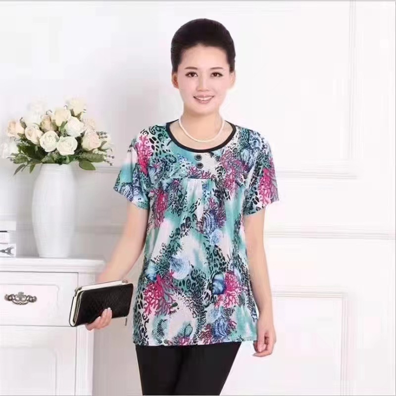 Old Lady Clothes 2023 Summer New Middle-Aged and Elderly Women's Dress round Neck T-shirt Rural Stall Cheap T-shirt Wholesale