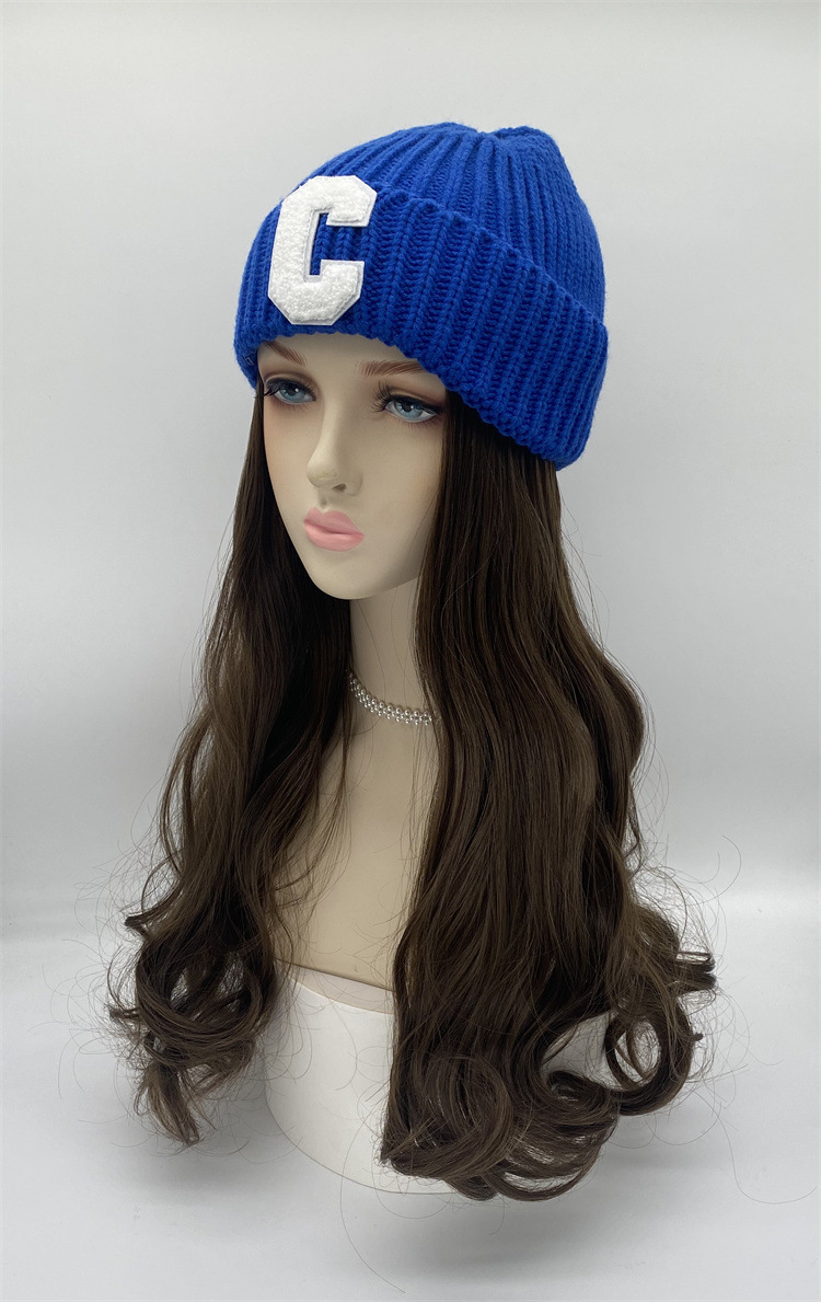 假发女 长发带帽子假发一体女秋冬时尚帽子克莱因蓝网红假发批发