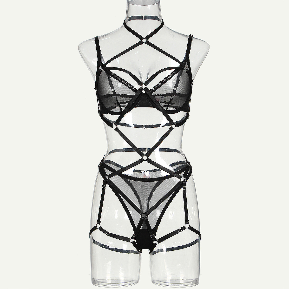 Aliexpress New European and American Sexy Mesh See-through Underwear Set Hollow out Strap Halter One-Piece Three-Piece Set