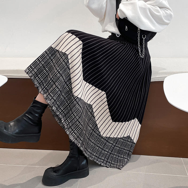 2021秋冬针织半身裙女流苏百褶裙中长款大摆裙a字裙