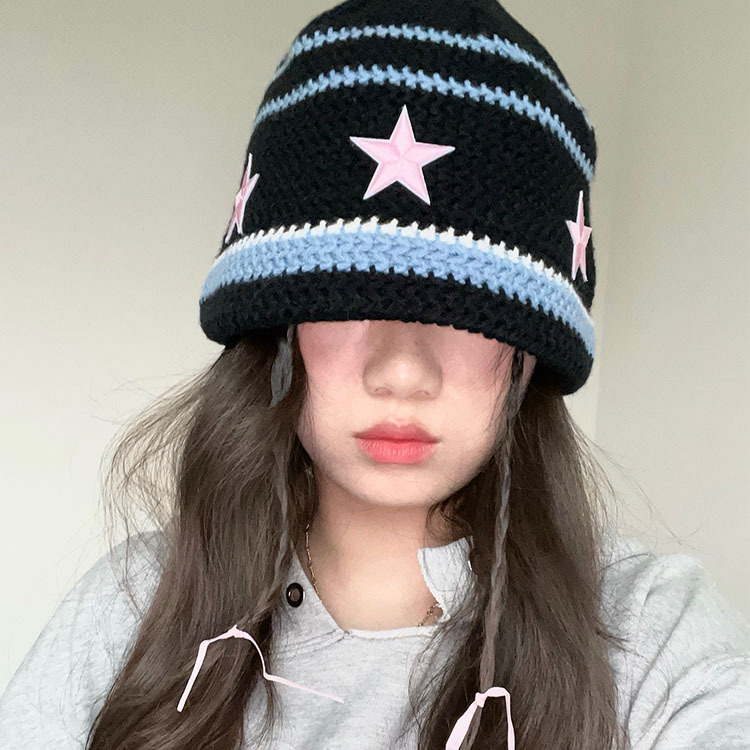 Special-Interest Design Pink Star Stripes Knitted Cold Cap Insy2g Hot Girl Vintage Wool Warm Fisherman Hat Bucket Hat