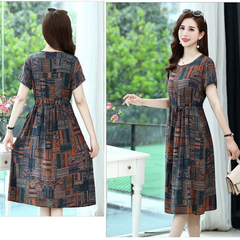连体裙中老年女装夏装棉绸连衣裙过膝中年妈妈装短袖大码绵绸胖