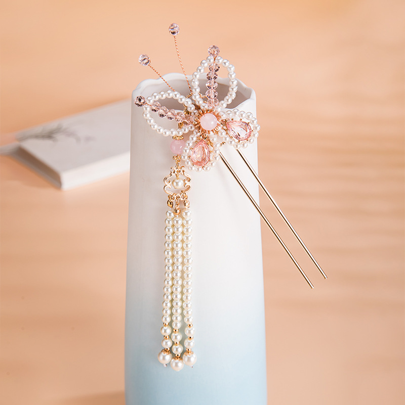 清仓珍珠蝴蝶发簪流苏步摇簪子女古风发饰复古宫廷汉服头饰配饰