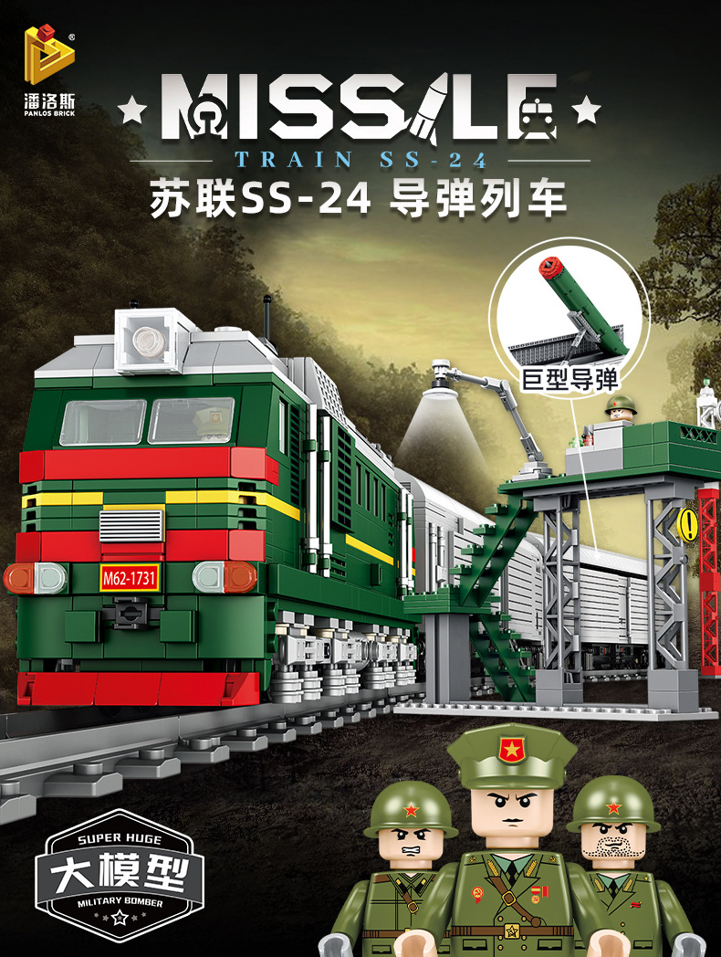 潘洛斯628006二战军事苏联ss24导弹列车巨大型小颗粒拼装益智积木